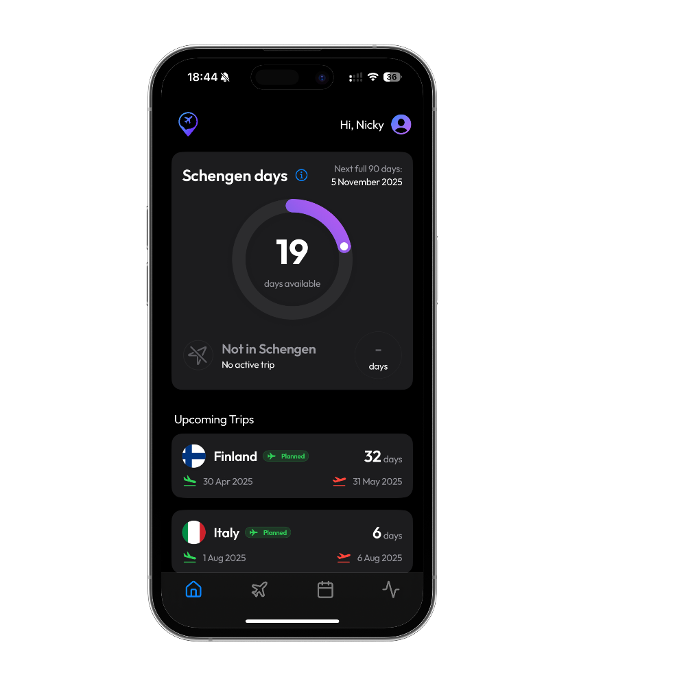 Schengen days counter in dark mode