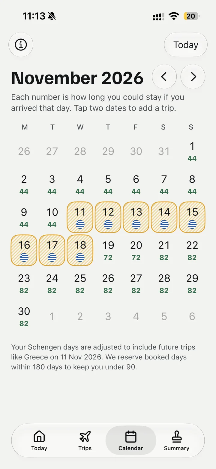 November 2026 calendar with a booked trip marked and the days you could stay under each date