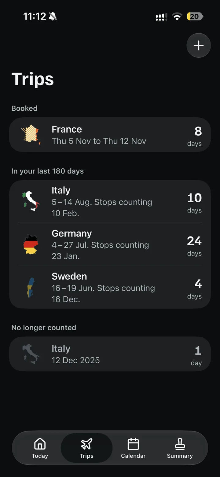 Trips screen in dark mode listing a booked trip to France and past trips to Italy, Germany and Sweden
